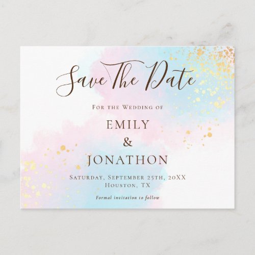 Pink Teal Watercolors Gold Wedding Save The Date Postcard