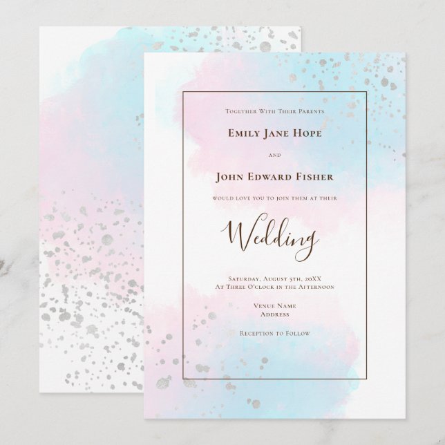 Pink Teal Watercolors Silver Confetti Wedding Invitation (Front/Back)