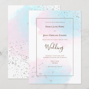 Pink Teal Watercolors Silver Confetti Wedding Invitation