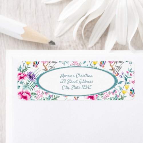 Pink Teal White and Yellow Floral Pattern Label