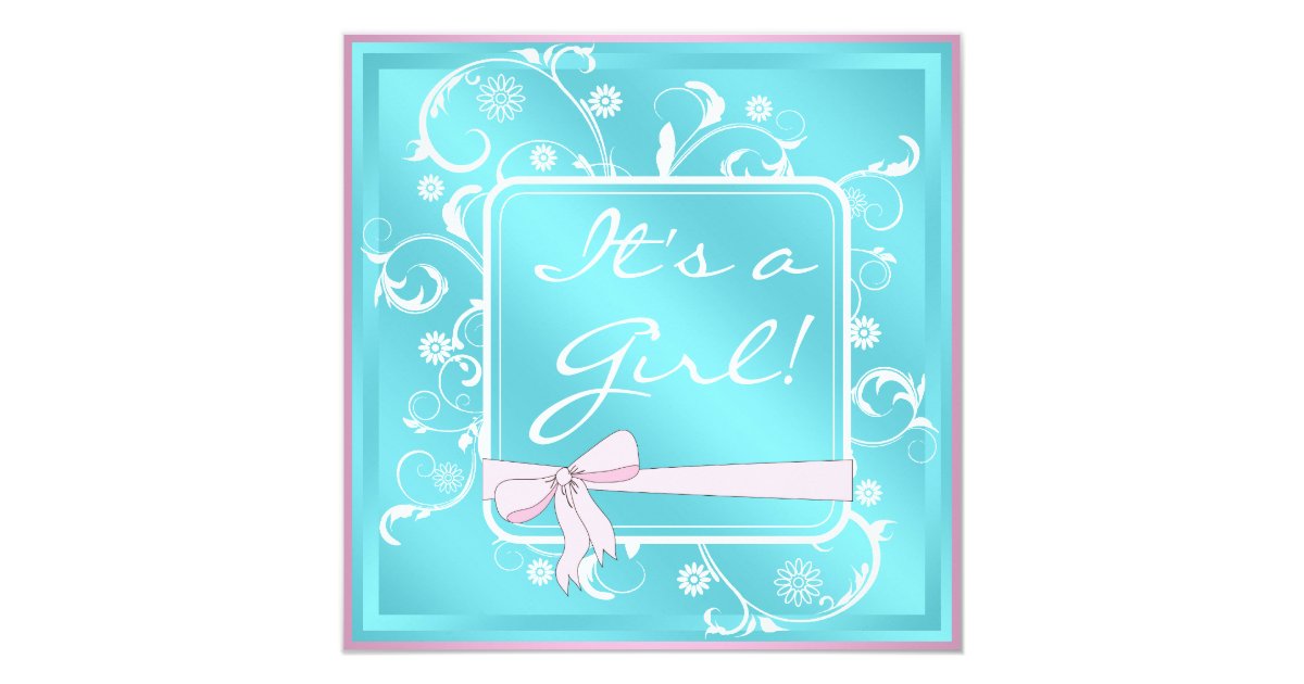 Pink Teal White Baby Girl Shower Invitations