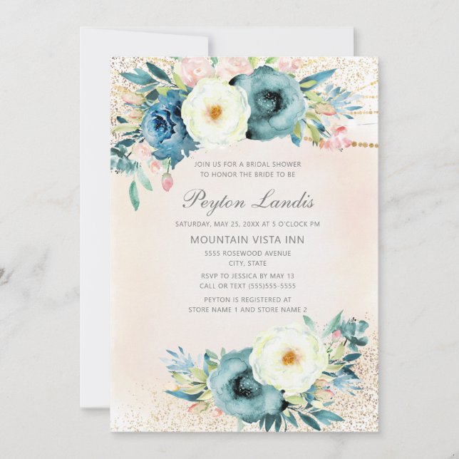 Pink Teal White Floral Glitter Bridal Shower Invitation (Front)