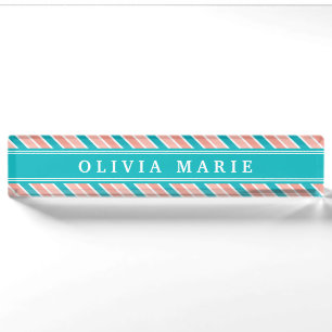 Pink Teal White Stripe Pattern with Name Desk Name Plate