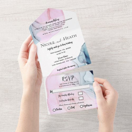 Pink  Teal White Watercolor Chic Modern Wedding   All In One Invitation