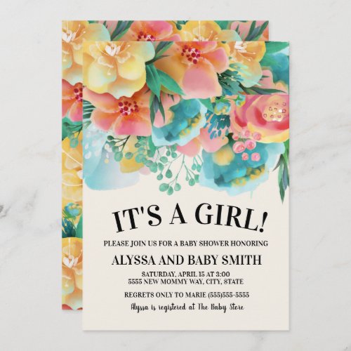 Pink Teal Yellow Floral Baby Shower Invitation