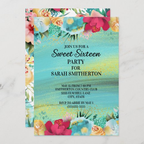 Pink Teal Yellow Floral Watercolor Sweet 16 Invitation