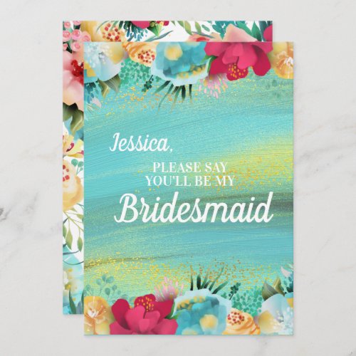 Pink Teal Yellow Flowers Watercolor Bridesmaid Invitation