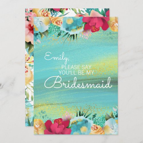 Pink Teal Yellow Flowers Watercolor Bridesmaid Invitation