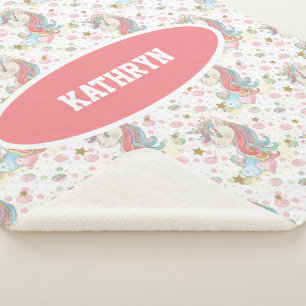 Pink Teal Yellow Unicorn Colorful Sherpa Blanket