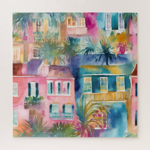 Pink Teal Yellow Watercolor Houses Palm Trees Jigsaw Puzzle