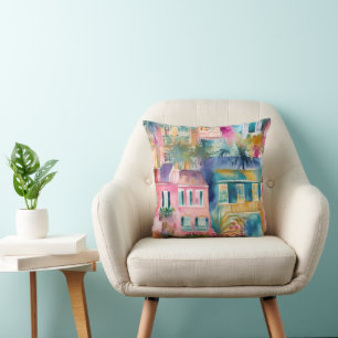 Pink Teal Yellow Watercolor Houses Palm Trees Throw Pillow
