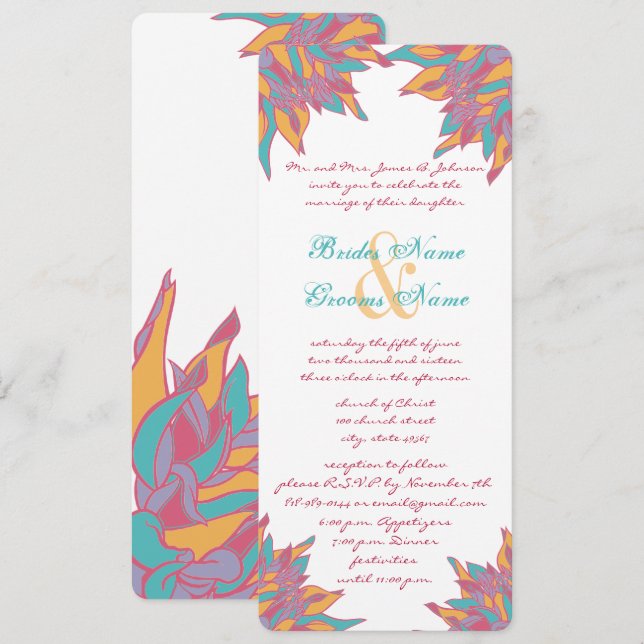 Pink Teal Yellow Wedding Floral Invitations (Front/Back)