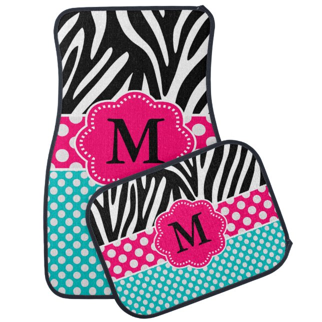 Pink Teal Zebra Monogram Car Mat (Set)