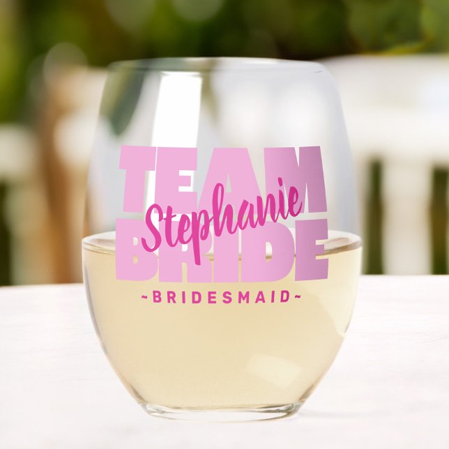 Pink Team Bride Bridesmaid Name Wedding Retro Cool Stemless Wine Glass (Pink Team Bride Bridesmaid Name Wedding Retro Cool Stemless Wine Glass)
