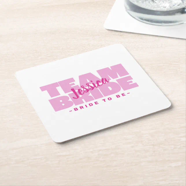 Pink Team Bride To Be Wedding Bachelorette Shower Square Paper Coaster ...
