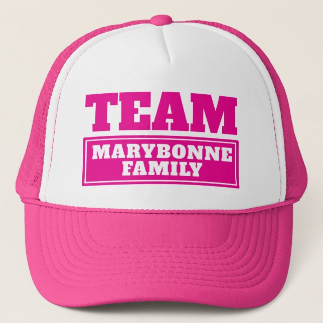 Pink team personalized team name or family name trucker hat (Front)