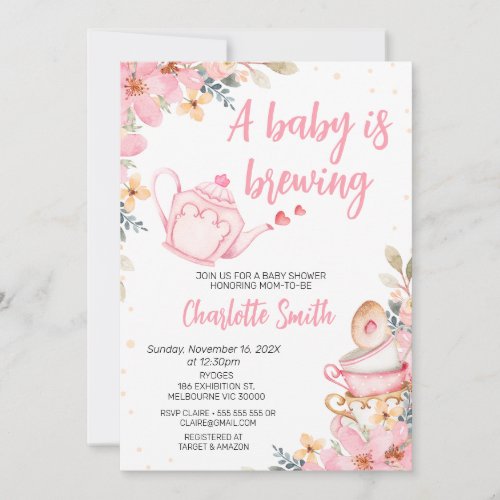 Pink Teapot Floral Baby is Brewing Baby Shower Invitation