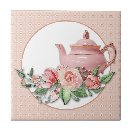 Pink Teapot Floral Pattern Frame Ceramic Tile