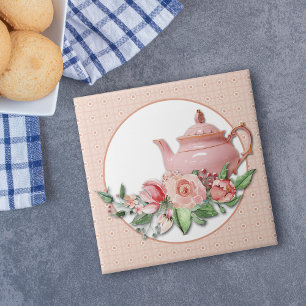Pink Teapot Floral Pattern Frame Ceramic Tile
