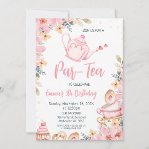 Pink Teapot Floral Tea Party Birthday Invitation