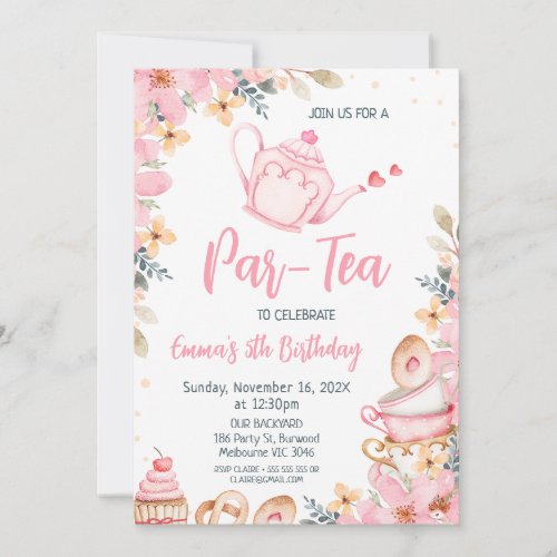 Pink Teapot Floral Tea Party Birthday  Invitation