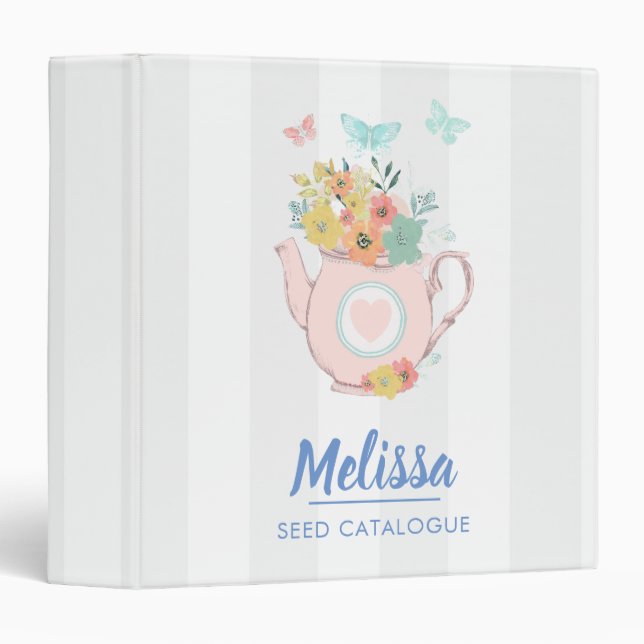 Pink Teapot with Flowers & Butterflies 3 Ring Binder (Front/Spine)