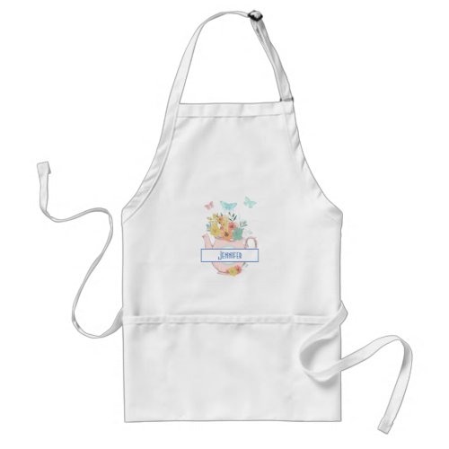 Pink Teapot with Flowers  Butterflies Adult Apron