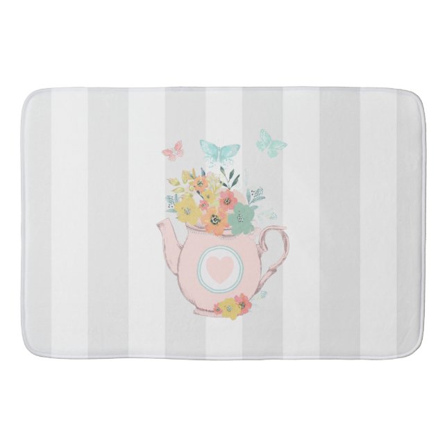 Pink Teapot with Flowers & Butterflies Bath Mat (Front)