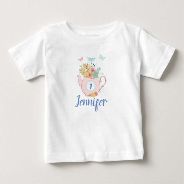 Pink Teapot with Flowers & Butterflies Birthday Baby T-Shirt (Front)