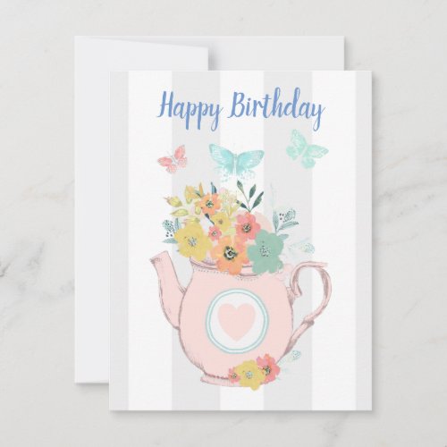 Pink Teapot with Flowers  Butterflies Birthday Holiday Card