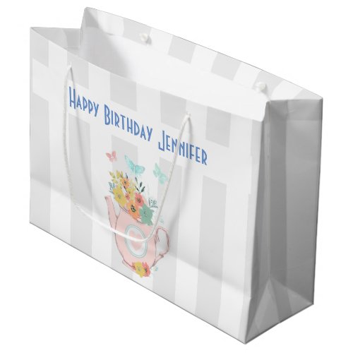 Pink Teapot with Flowers  Butterflies Birthday Large Gift Bag