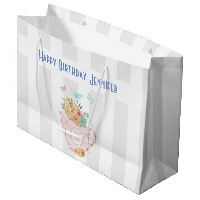 Pink Teapot with Flowers & Butterflies Birthday Large Gift Bag (Front Angled)