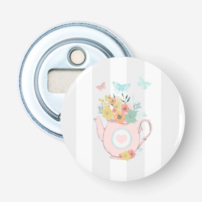 Pink Teapot with Flowers & Butterflies Bottle Opener (Front)