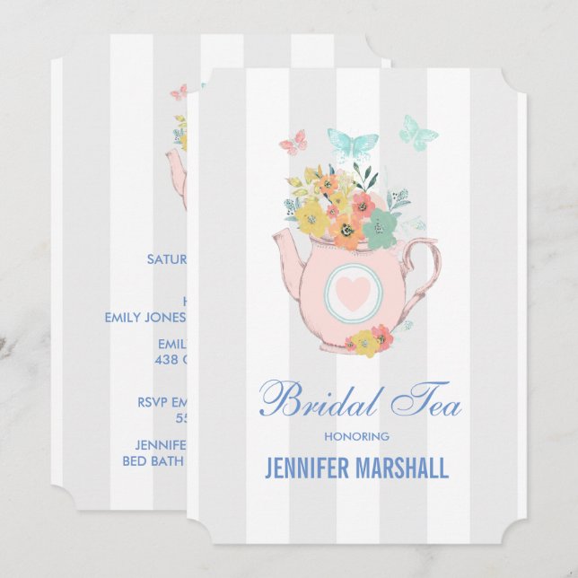 Pink Teapot with Flowers & Butterflies Bridal Tea Invitation (Front/Back)