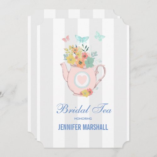 Pink Teapot with Flowers  Butterflies Bridal Tea Invitation