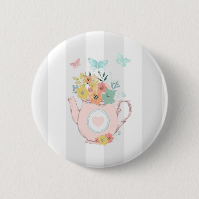 Pink Teapot with Flowers & Butterflies Button (Front)