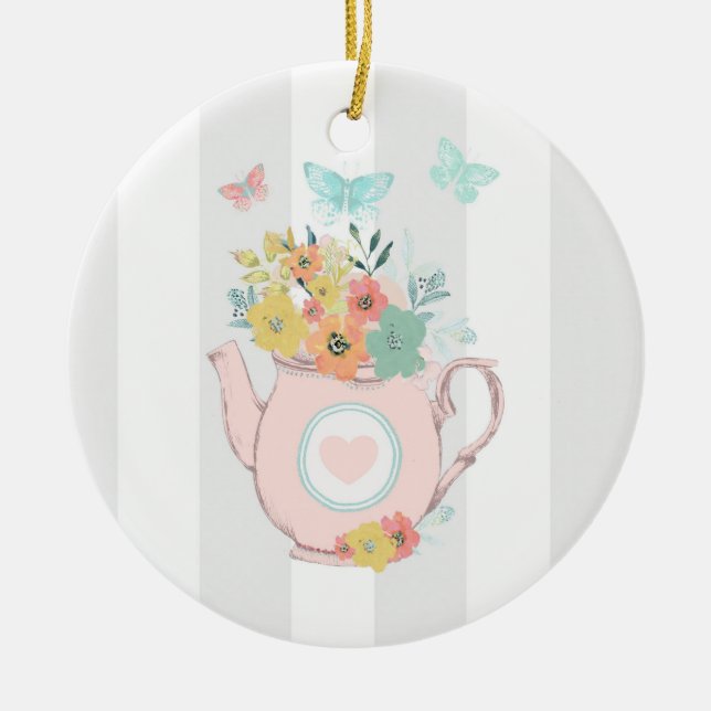 Pink Teapot with Flowers & Butterflies Ceramic Ornament (Front)
