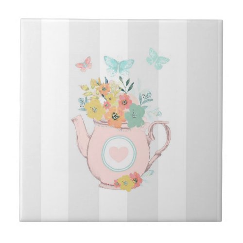 Pink Teapot with Flowers  Butterflies Ceramic Tile