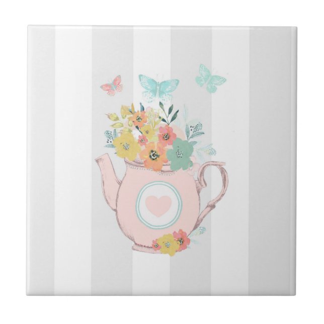 Pink Teapot with Flowers & Butterflies Ceramic Tile (Front)