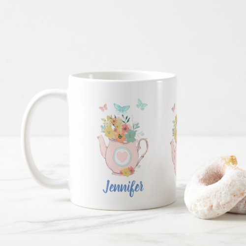 Pink Teapot with Flowers  Butterflies Coffee Mug