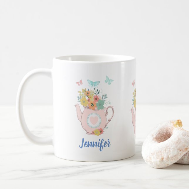 Pink Teapot with Flowers & Butterflies Coffee Mug (With Donut)