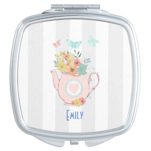 Pink Teapot with Flowers  Butterflies Compact Mirror