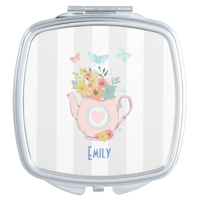 Pink Teapot with Flowers & Butterflies Compact Mirror (Front)
