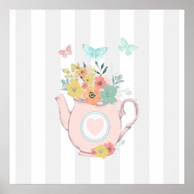 Pink Teapot with Flowers & Butterflies Gray Stripe Poster (Front)