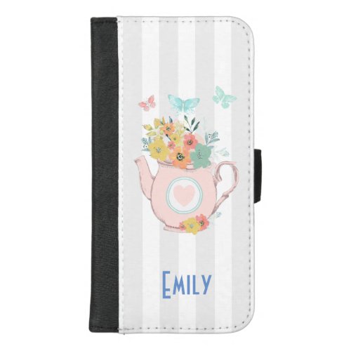 Pink Teapot with Flowers  Butterflies iPhone 87 Plus Wallet Case