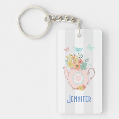 Pink Teapot with Flowers  Butterflies Keychain