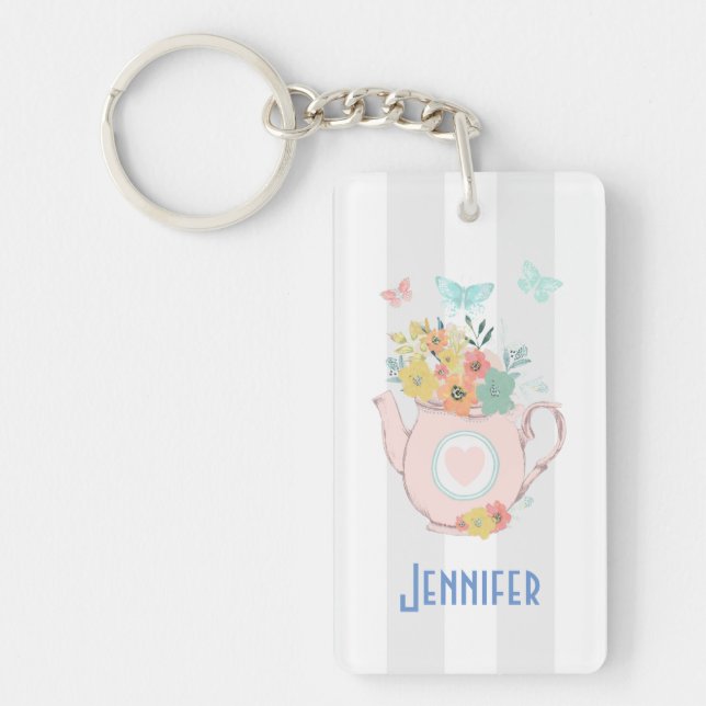 Pink Teapot with Flowers & Butterflies Keychain (Front)