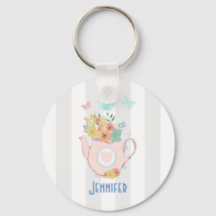Pink Teapot with Flowers & Butterflies Keychain