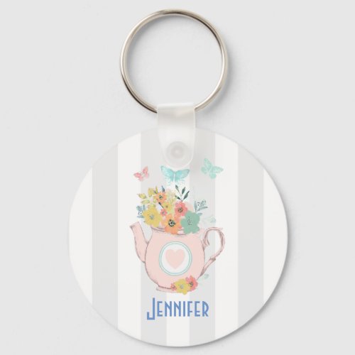Pink Teapot with Flowers  Butterflies Keychain