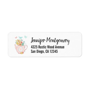 Pink Teapot with Flowers & Butterflies Label